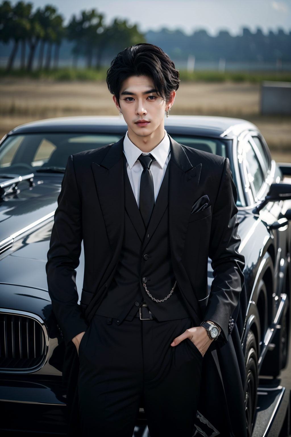 01993-3869586201-sd mai, Suit thug, watch, 1boy, jewelry, male focus, solo, car, necktie, wristwatch, blurry, ring, blurry background, shirt, han.png